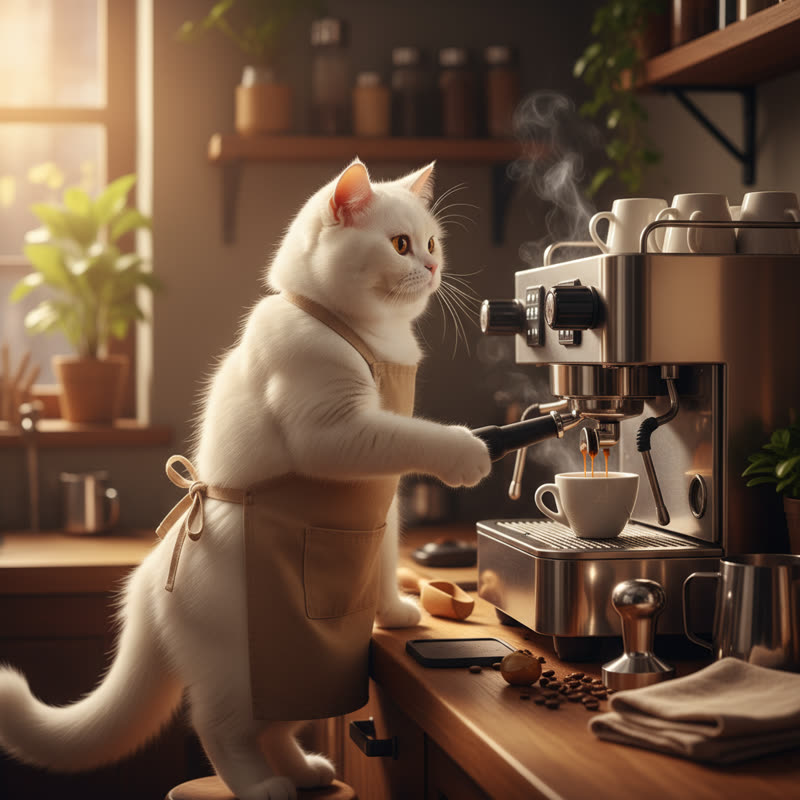 A cat in an apron making coffee behind an espresso machine (Cat Barista variant)